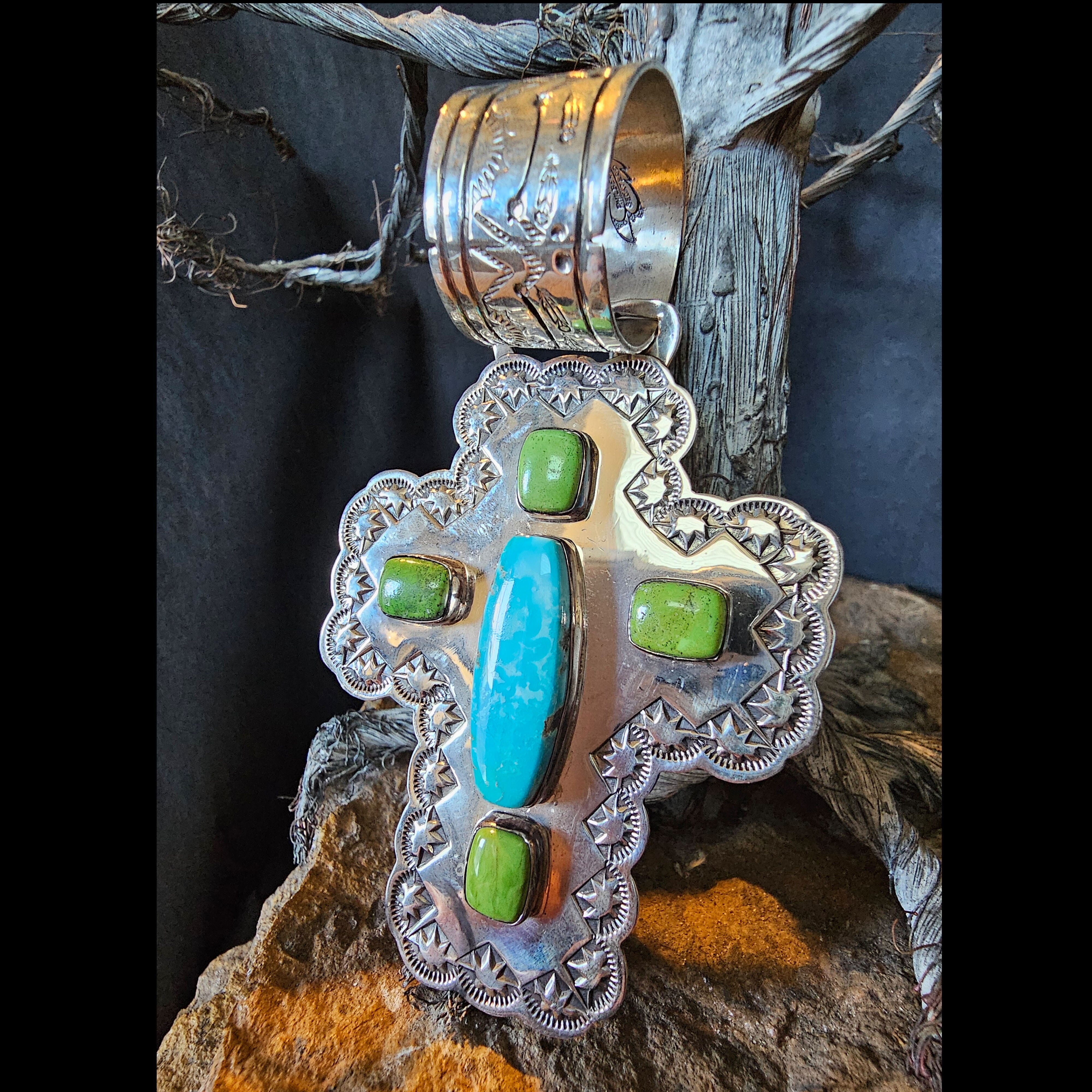 Cross Pendant with Blue & Green Stones - PSW43
