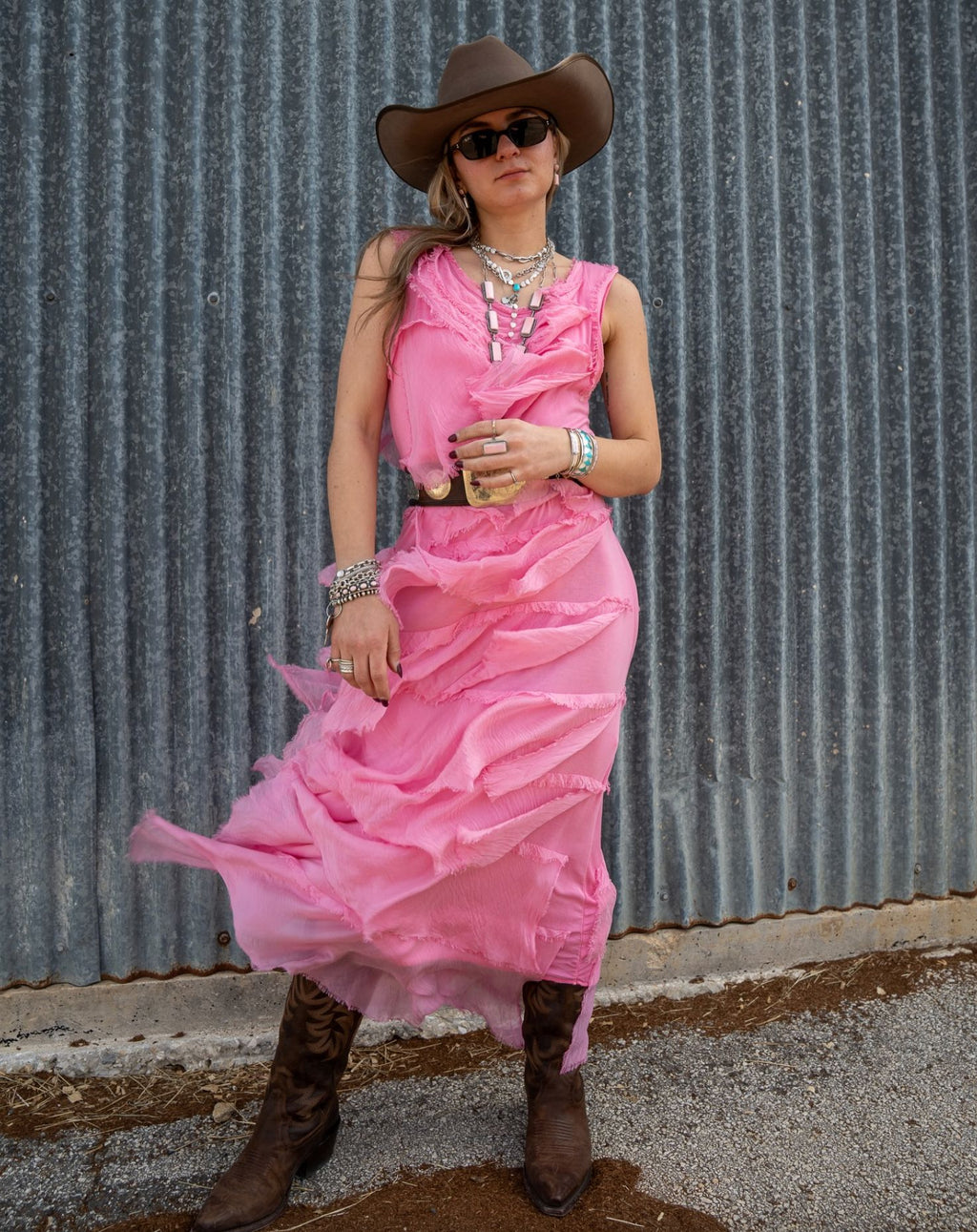 Hot Pink Silk Tiered Maxi Dress