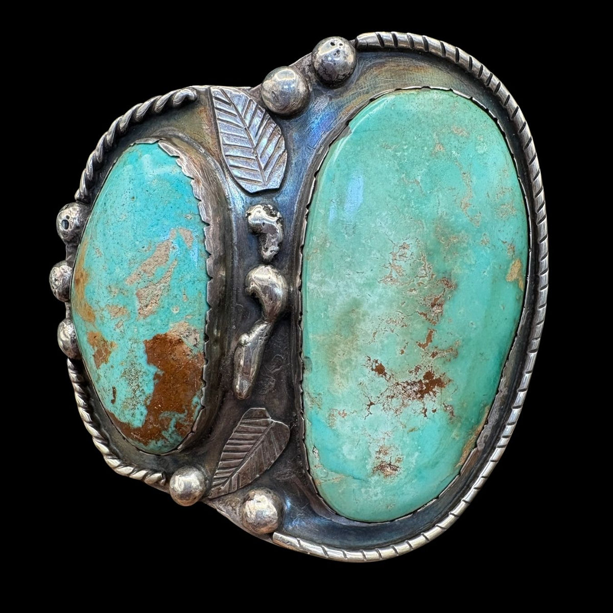 2-Stone Turquoise Cuff/Sterling Feather/Dot Accent Royston - CMH325
