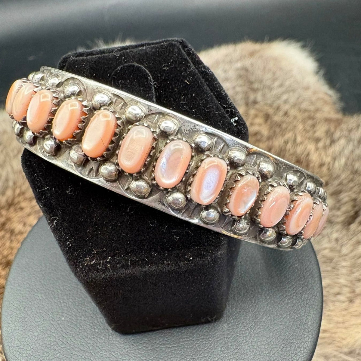 Sterling Cuff w/Pink Mother Of Pearl Needlepoint - CMH306