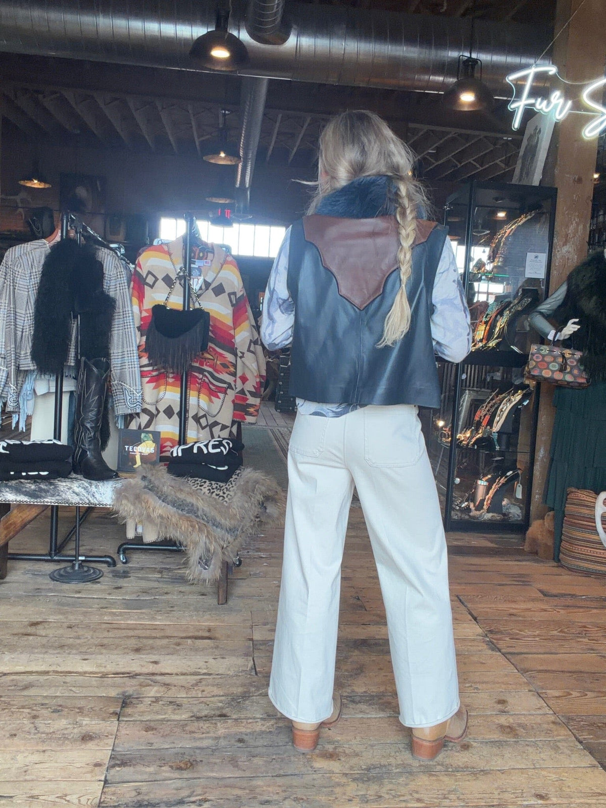2-Tone Navy/Brown Leather & Fox Vest - VF1NB