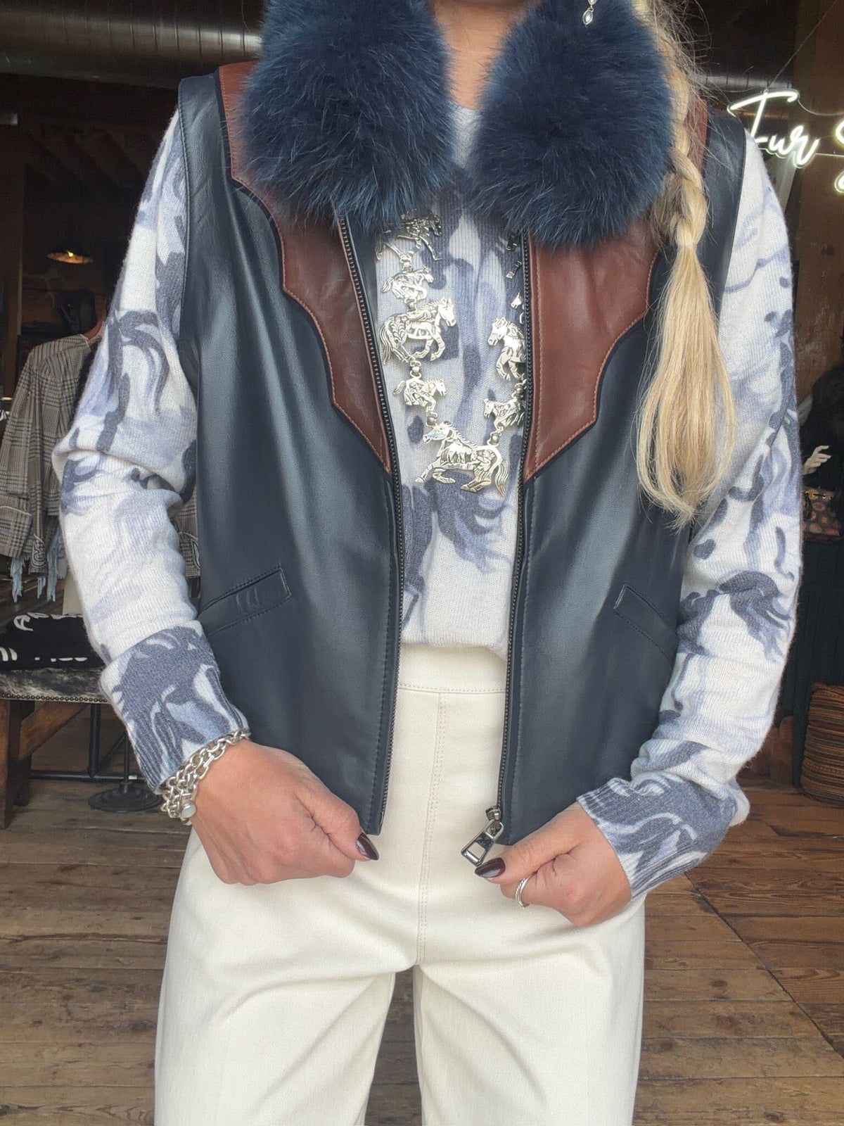2-Tone Navy/Brown Leather & Fox Vest - VF1NB