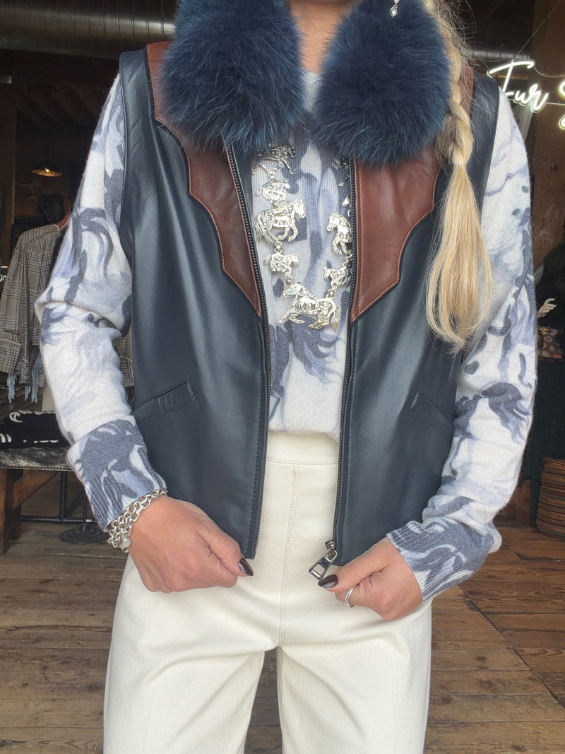 2-Tone Navy/Brown Leather & Fox Vest - VF1NB