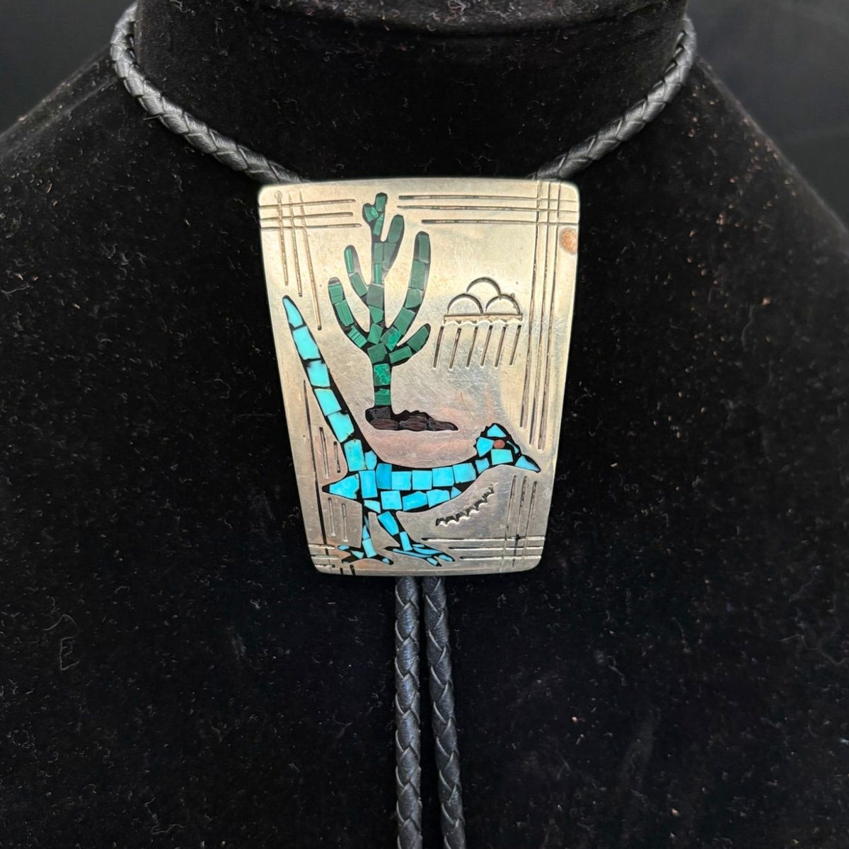 Sterling Rectangle Bolo w/ Bird and Cactus Inlay - BMH40