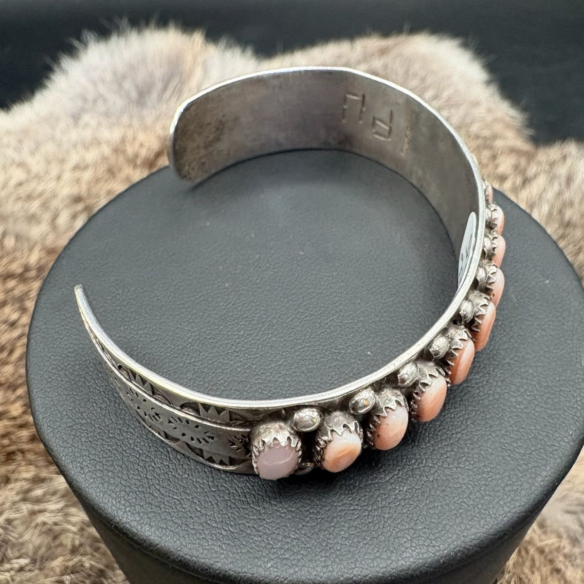Sterling Cuff w/Pink Mother Of Pearl Needlepoint - CMH306