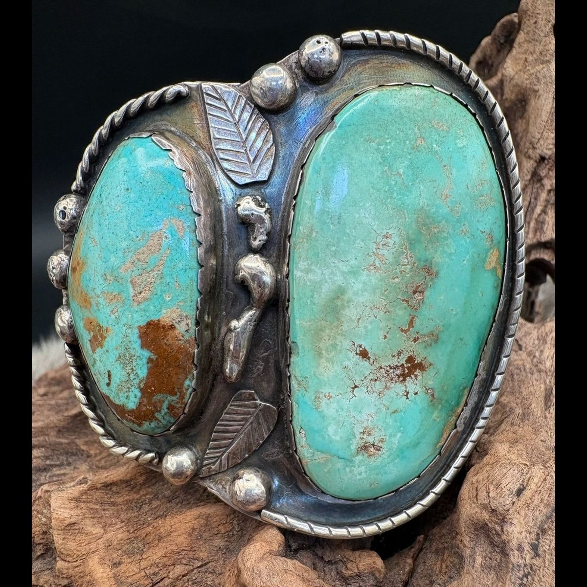 2-Stone Turquoise Cuff/Sterling Feather/Dot Accent Royston - CMH325