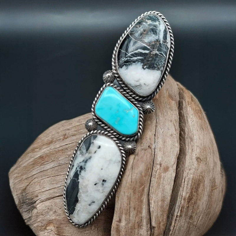 3-Stone White Buffalo &amp; Turquoise Ring (Adjustable) - RGLJ1