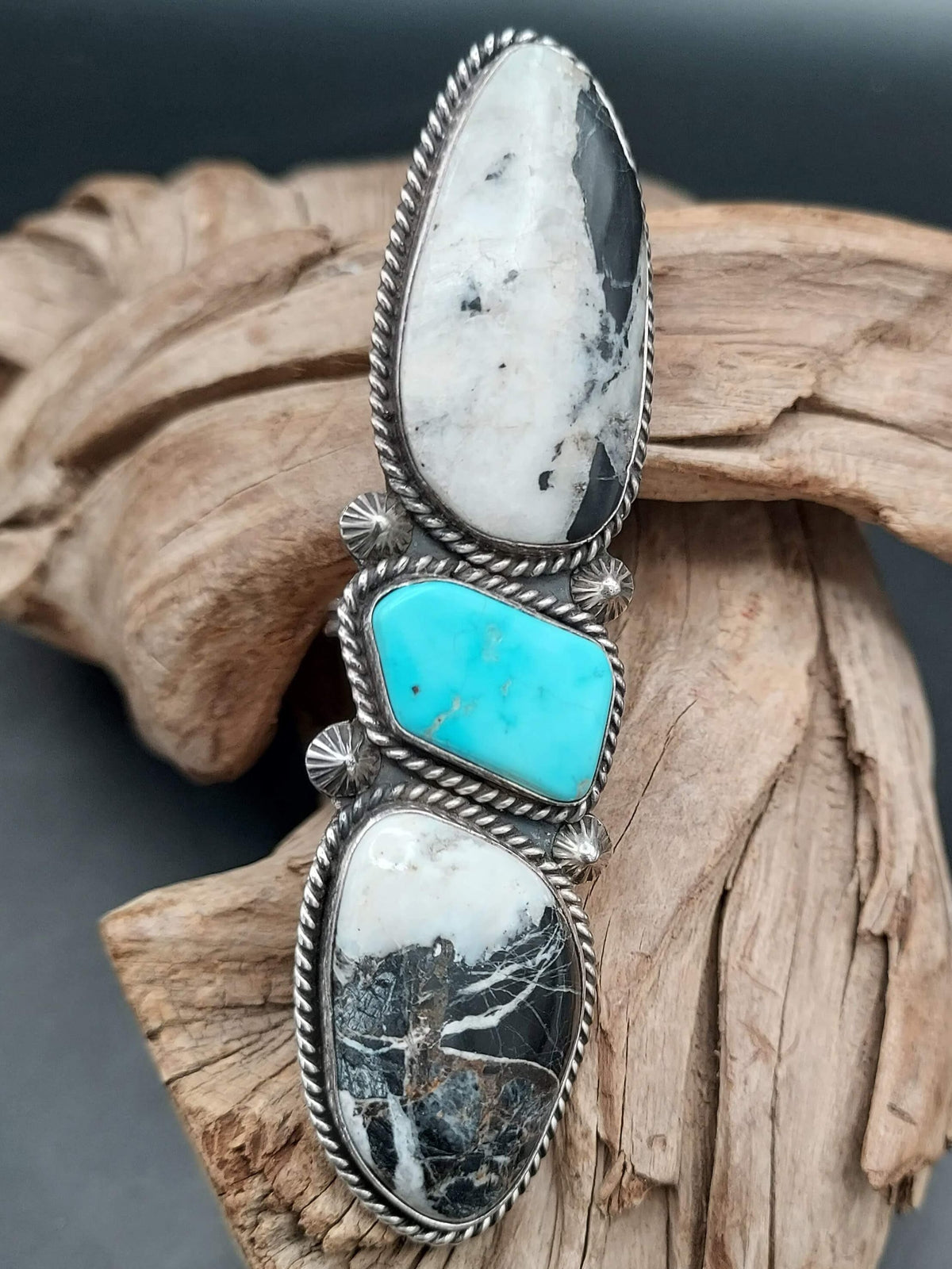 3-Stone White Buffalo &amp; Turquoise Ring (Adjustable) - RGLJ1