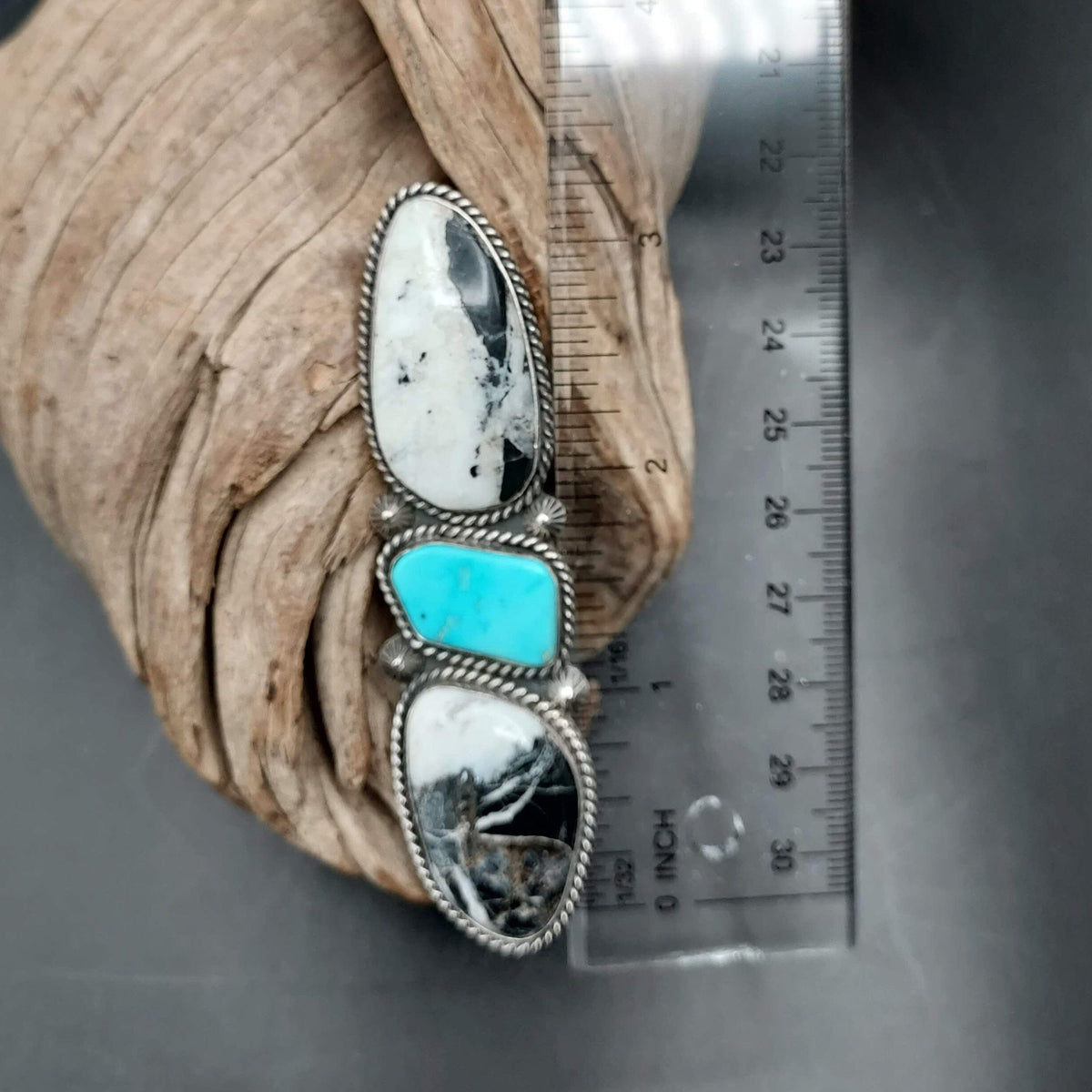 3-Stone White Buffalo &amp; Turquoise Ring (Adjustable) - RGLJ1