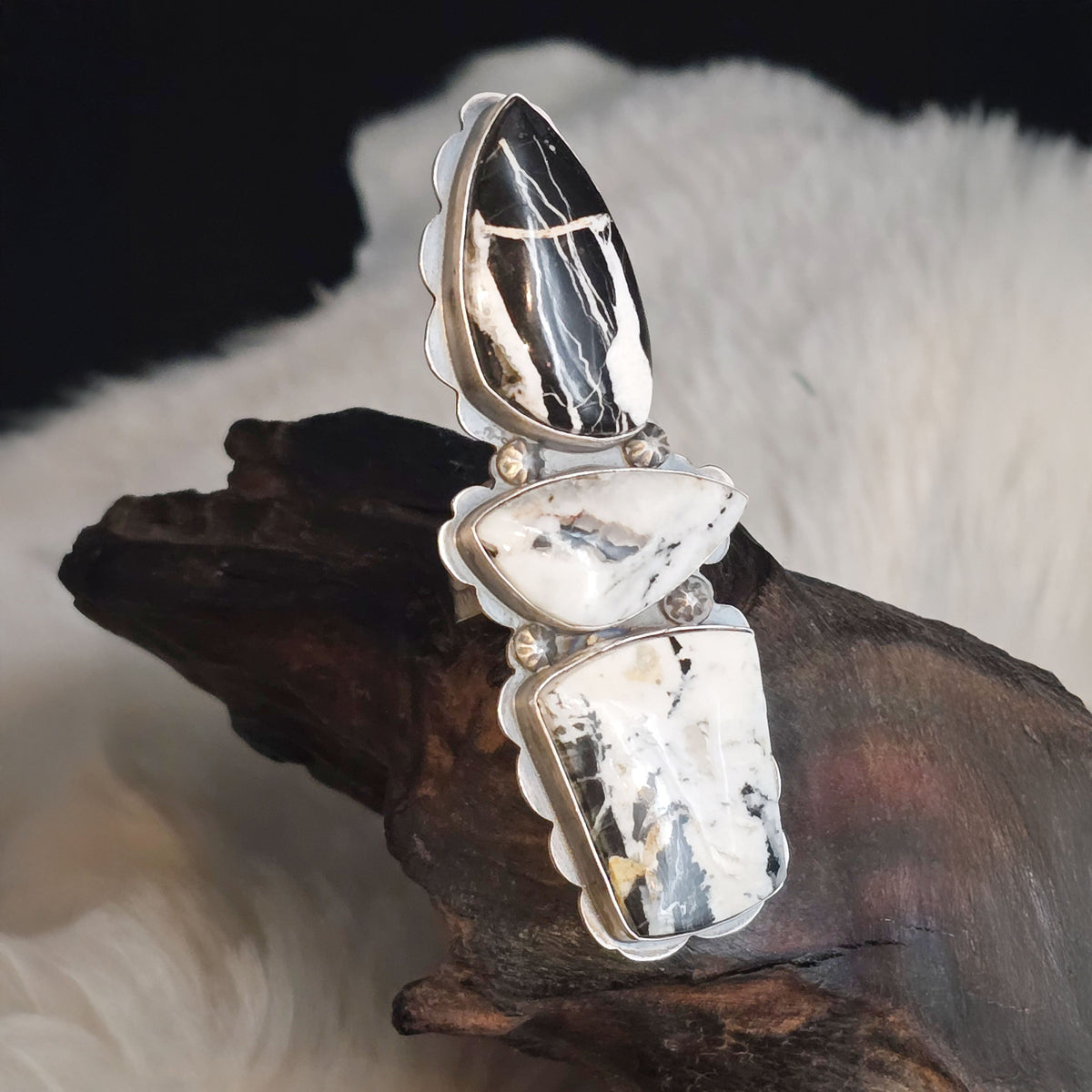 3-Stone White Buffalo Ring - Size 8 - Adjustable - RAZ3