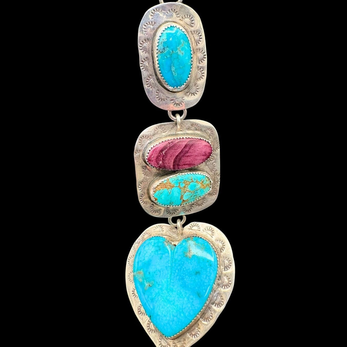 3 Tier Sterling Necklace Turquoise and Purple Spiny w/Heart - NMH67