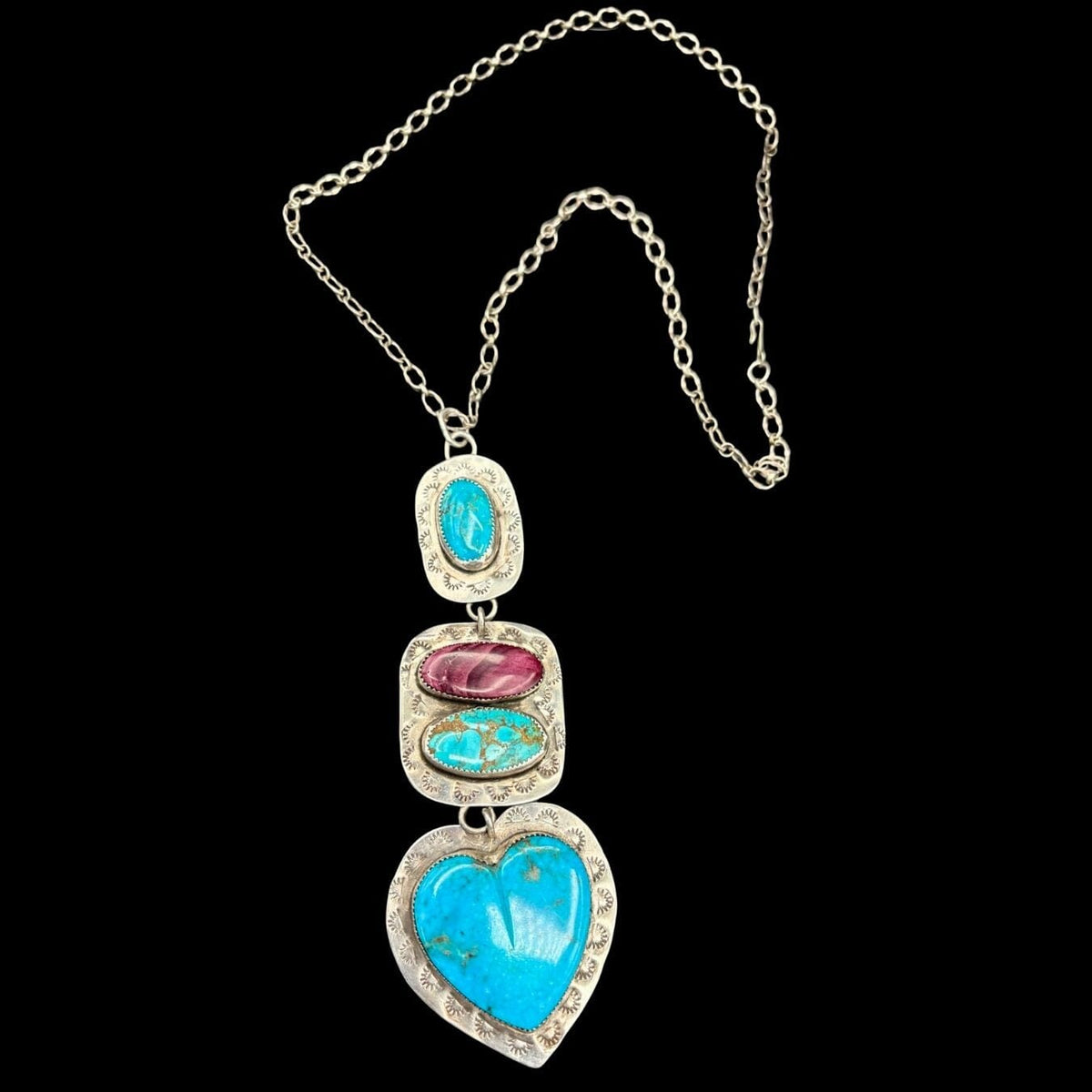 3 Tier Sterling Necklace Turquoise and Purple Spiny w/Heart - NMH67