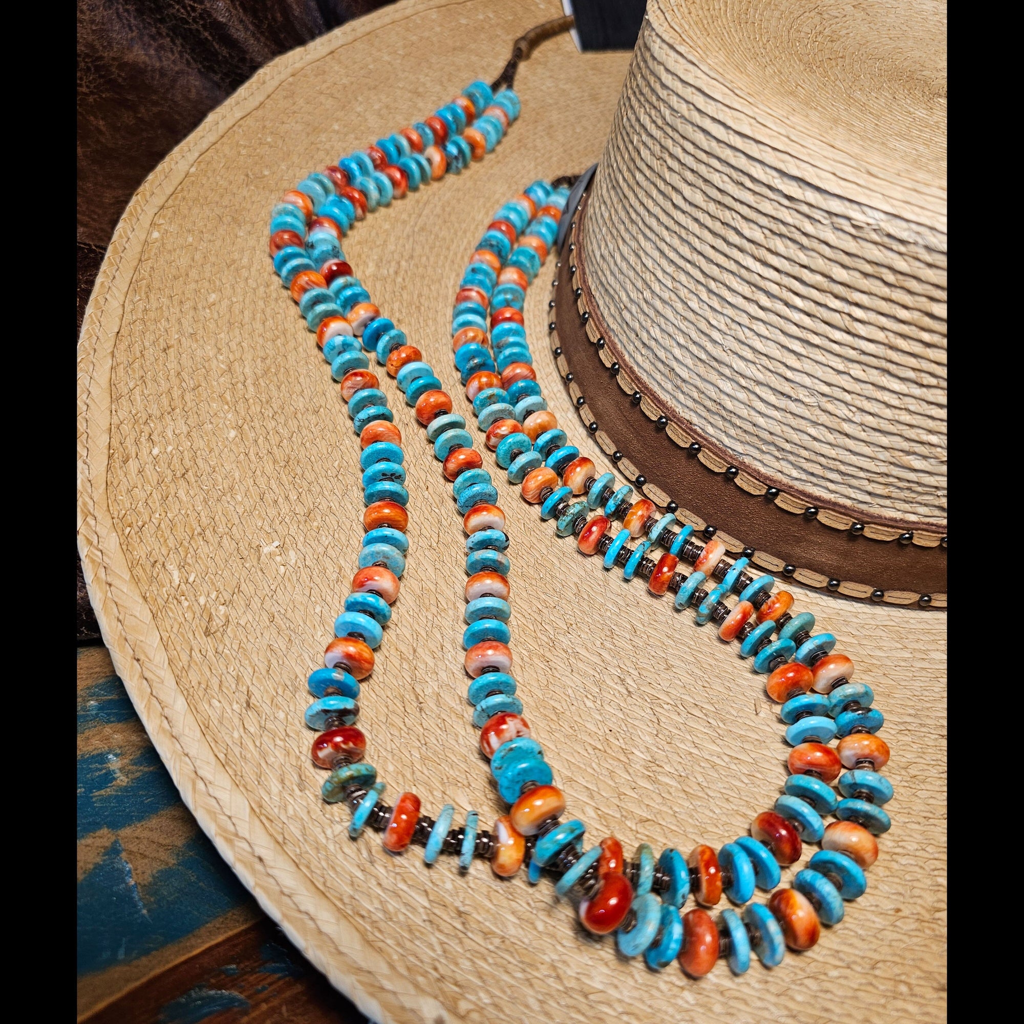35" 2-Strand Turquoise and Spiny O. Disc Necklace - NSW40