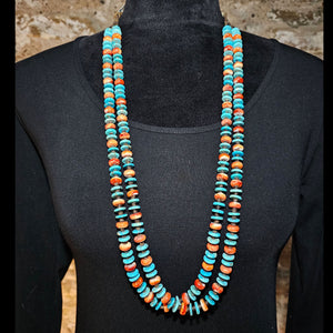 35" 2-Strand Turquoise and Spiny O. Disc Necklace - NSW40