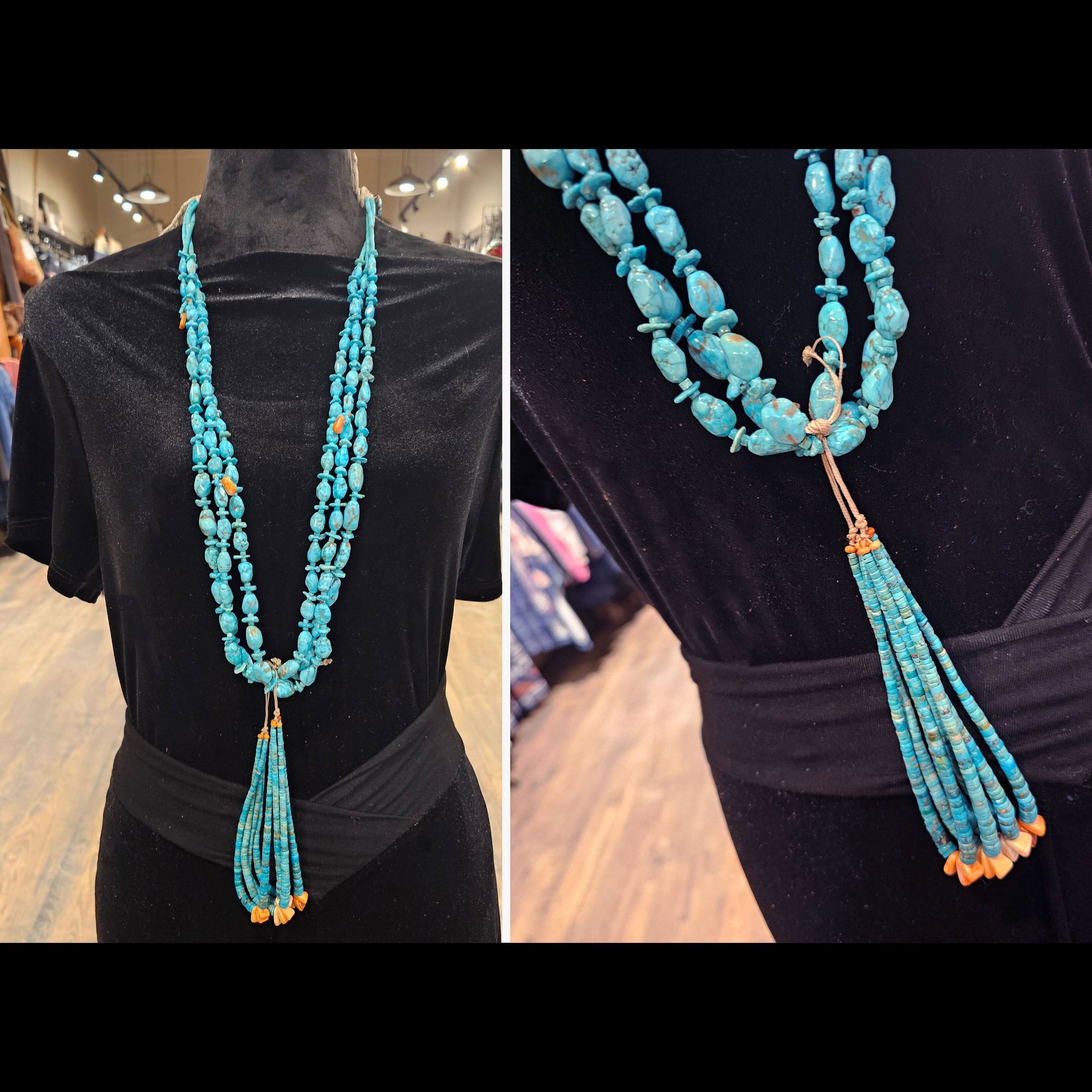 36" Turquoise, Spiny Oyster, 3-Strd Strand Jaclaw Necklace - NDA1