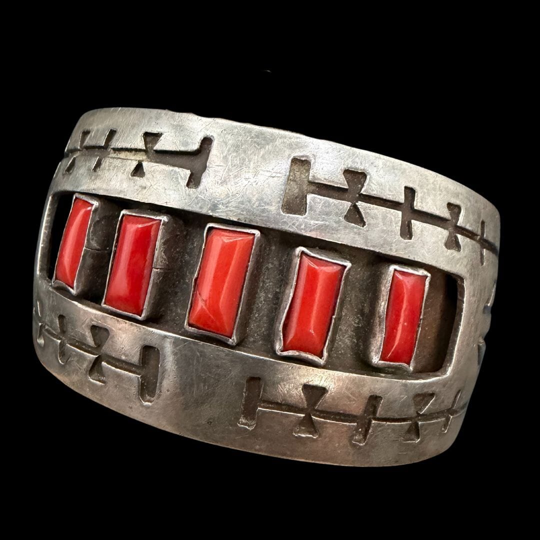 5 Stone Red Coral Cuff - Sterling Silver - Mark RB - CAZ88