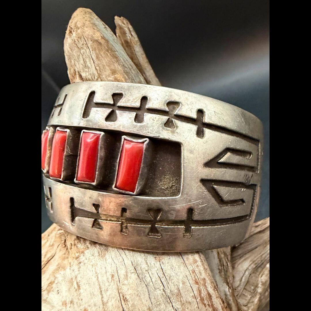 5 Stone Red Coral Cuff - Sterling Silver - Mark RB - CAZ88