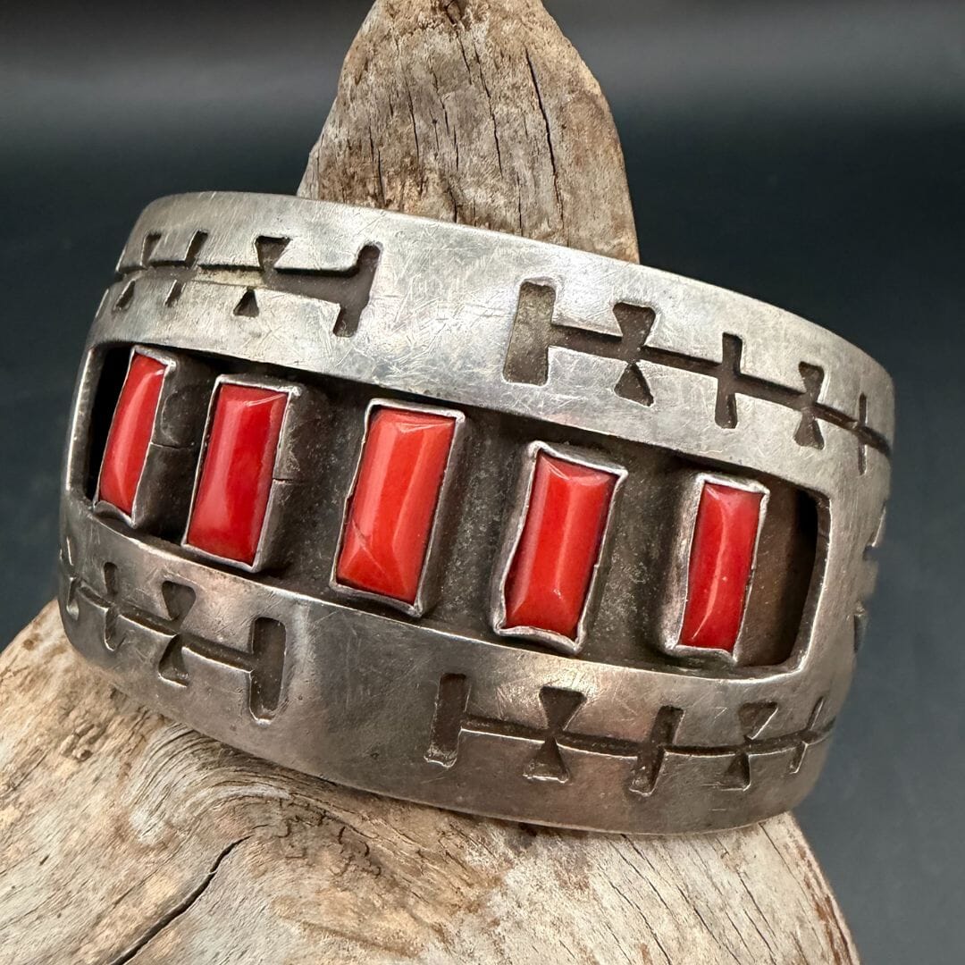 5 Stone Red Coral Cuff - Sterling Silver - Mark RB - CAZ88