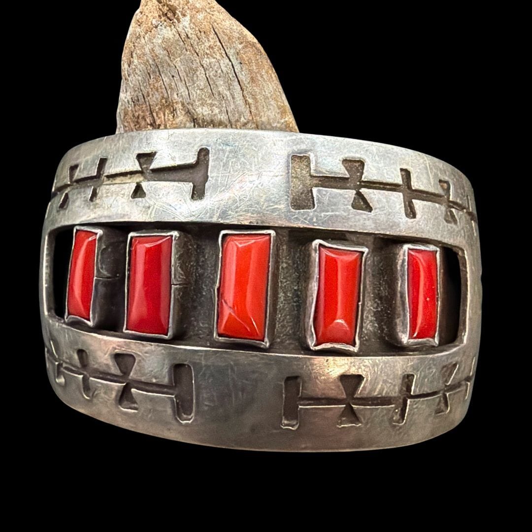 5 Stone Red Coral Cuff - Sterling Silver - Mark RB - CAZ88