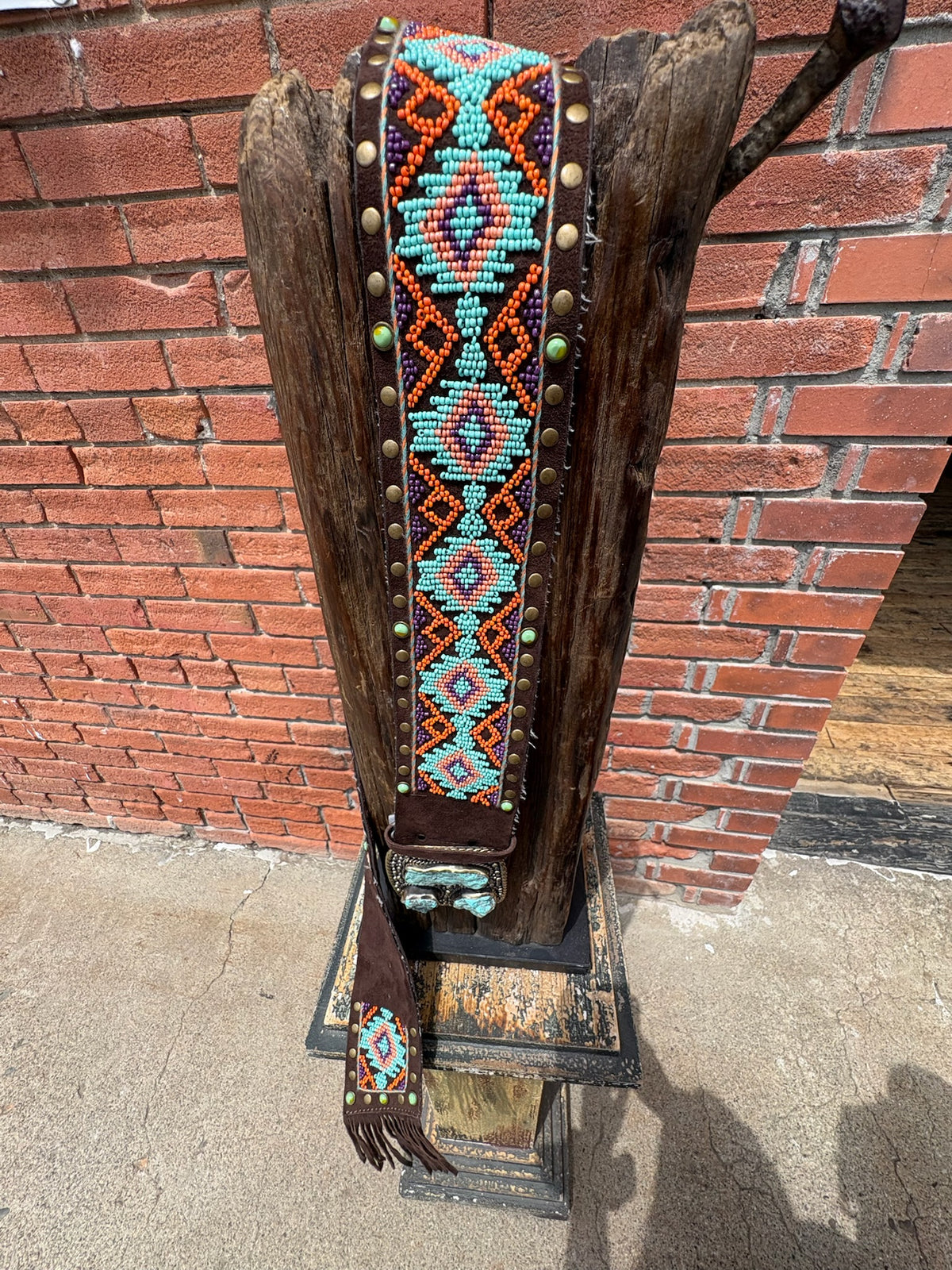 Studded & Beaded Orange and Turquoise Belt with Fringe - BTP2