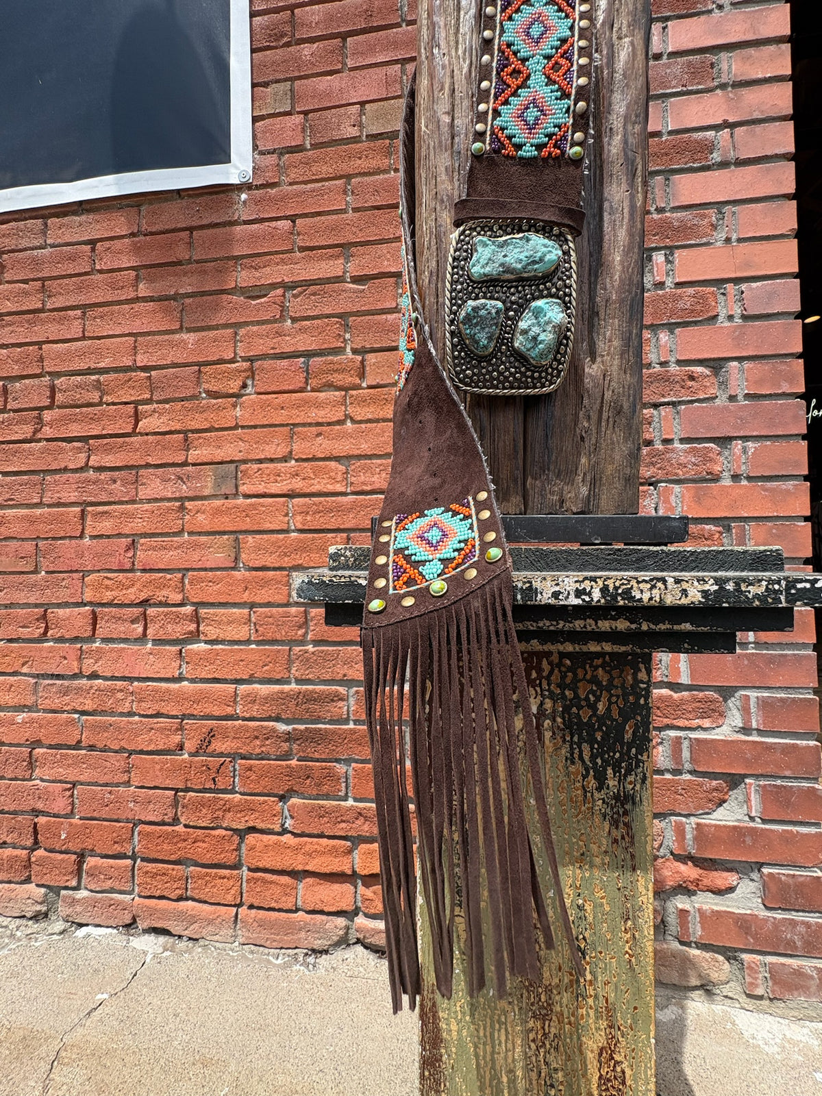 Studded & Beaded Orange and Turquoise Belt with Fringe - BTP2
