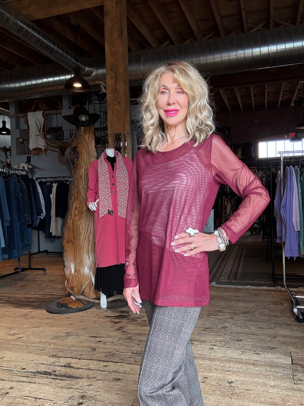 Burgundy Mesh Long Sleeve Top - 4593BU