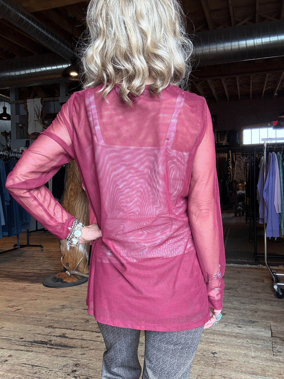 Burgundy Mesh Long Sleeve Top - 4593BU