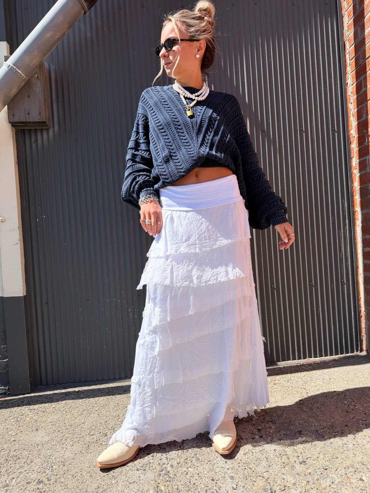 White Silk Tiered Maxi Skirt - KGG1-WH