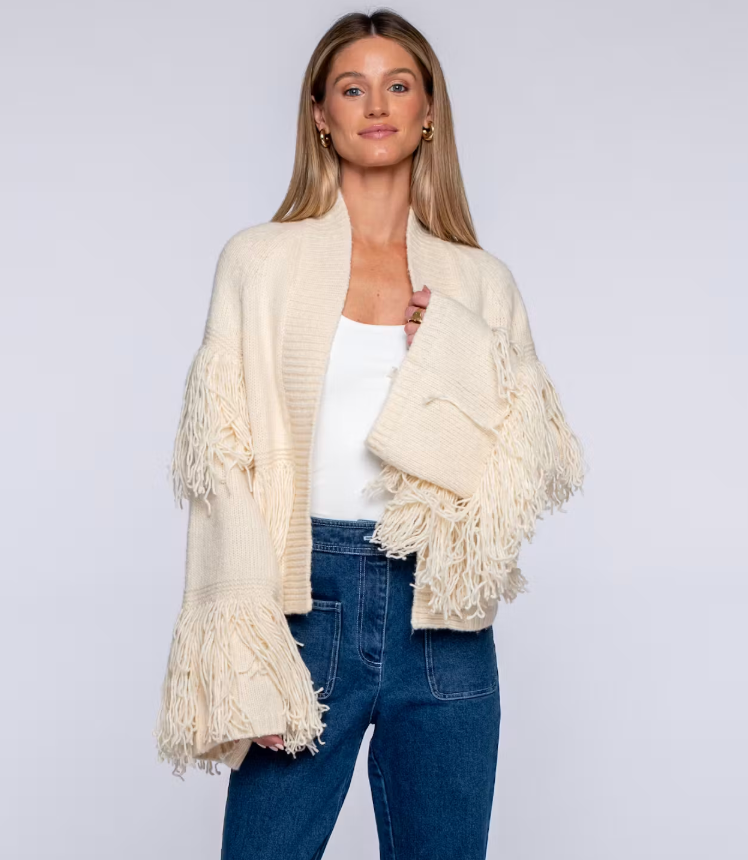 Ivory Carmen Fringed Cardigan Sweater - 294351