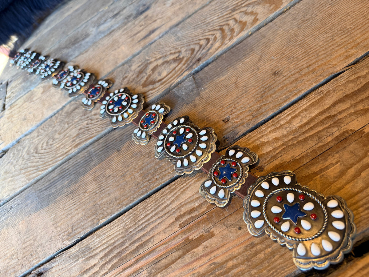 Americana Enamel/Blue Star/German Silver Concho Belt - BBAR97-BW