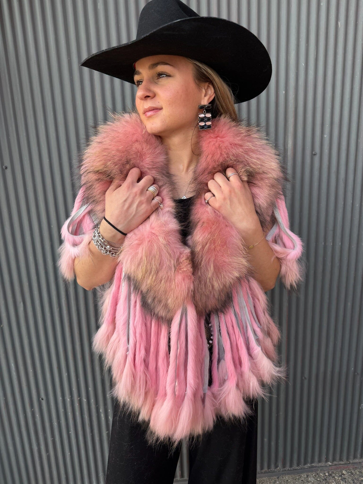 Baby Pink Raccoon Collar With Rabbit Fringe - MKCOLR-BP