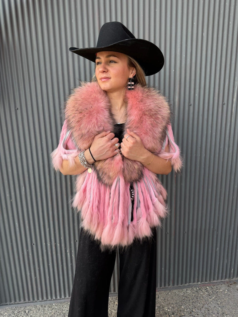 Baby Pink Raccoon Collar With Rabbit Fringe - MKCOLR-BP