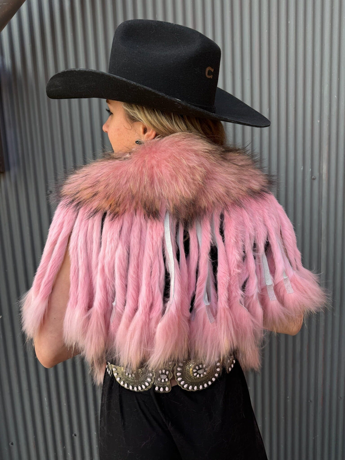Baby Pink Raccoon Collar With Rabbit Fringe - MKCOLR-BP