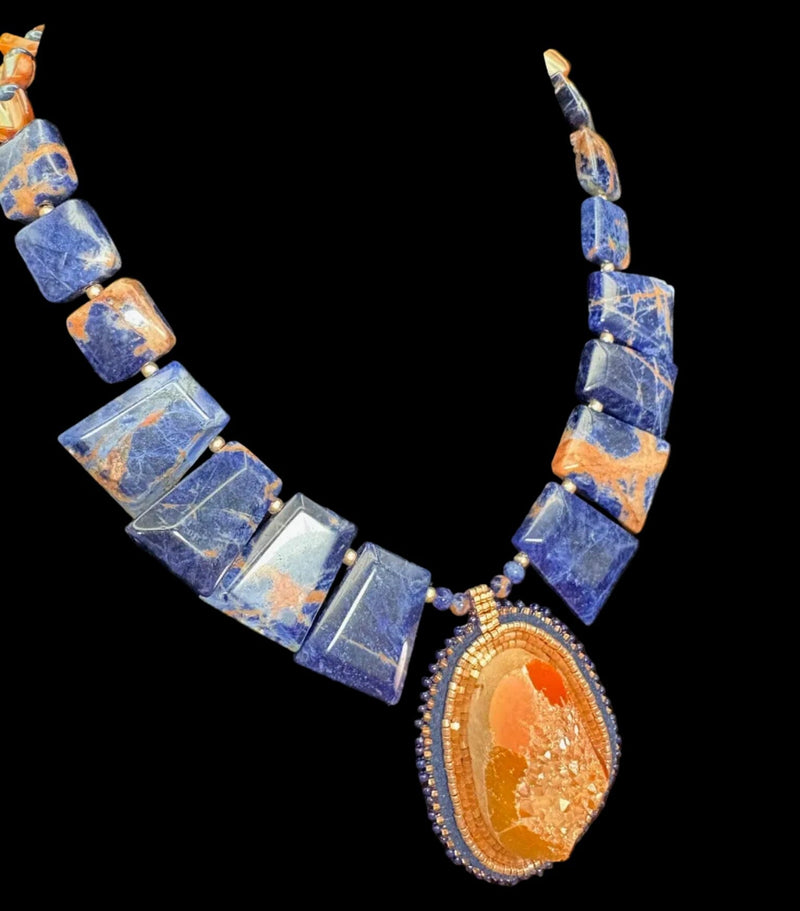 Beaded Orange Druzy/Sodalite Necklace - NSZ242