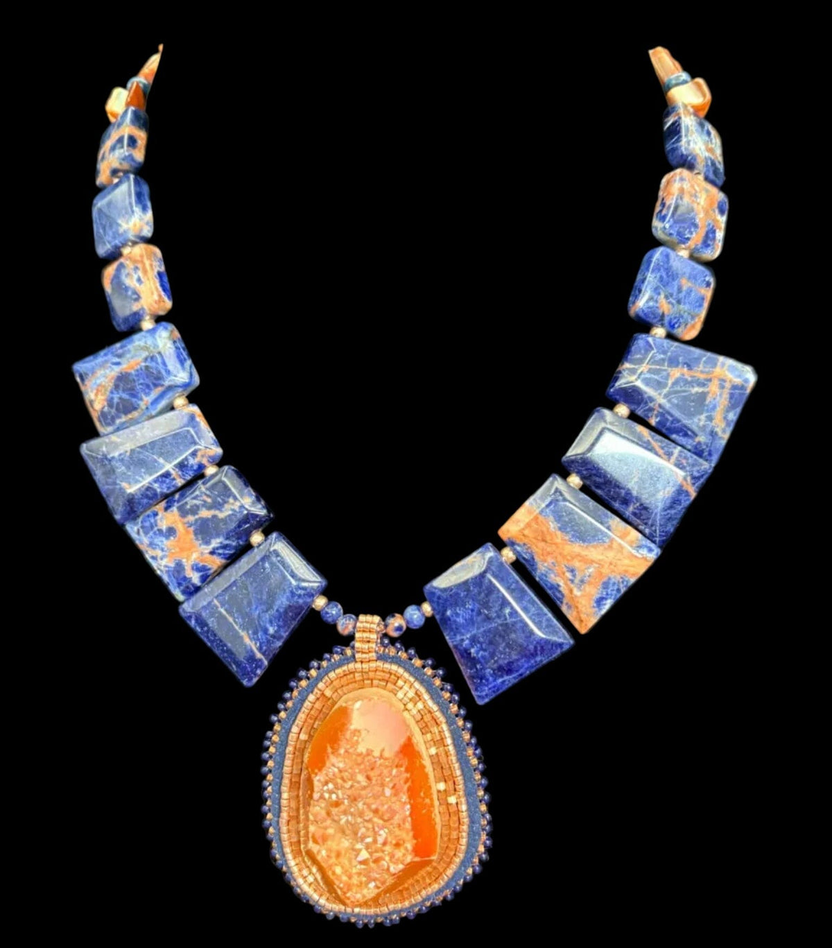 Beaded Orange Druzy/Sodalite Necklace - NSZ242