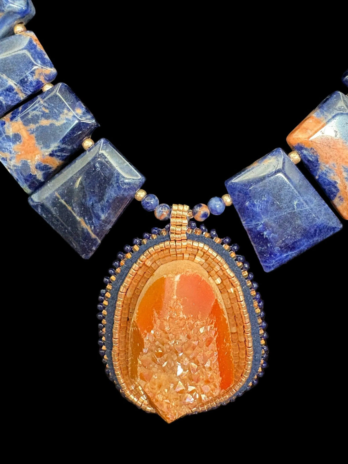 Beaded Orange Druzy/Sodalite Necklace - NSZ242