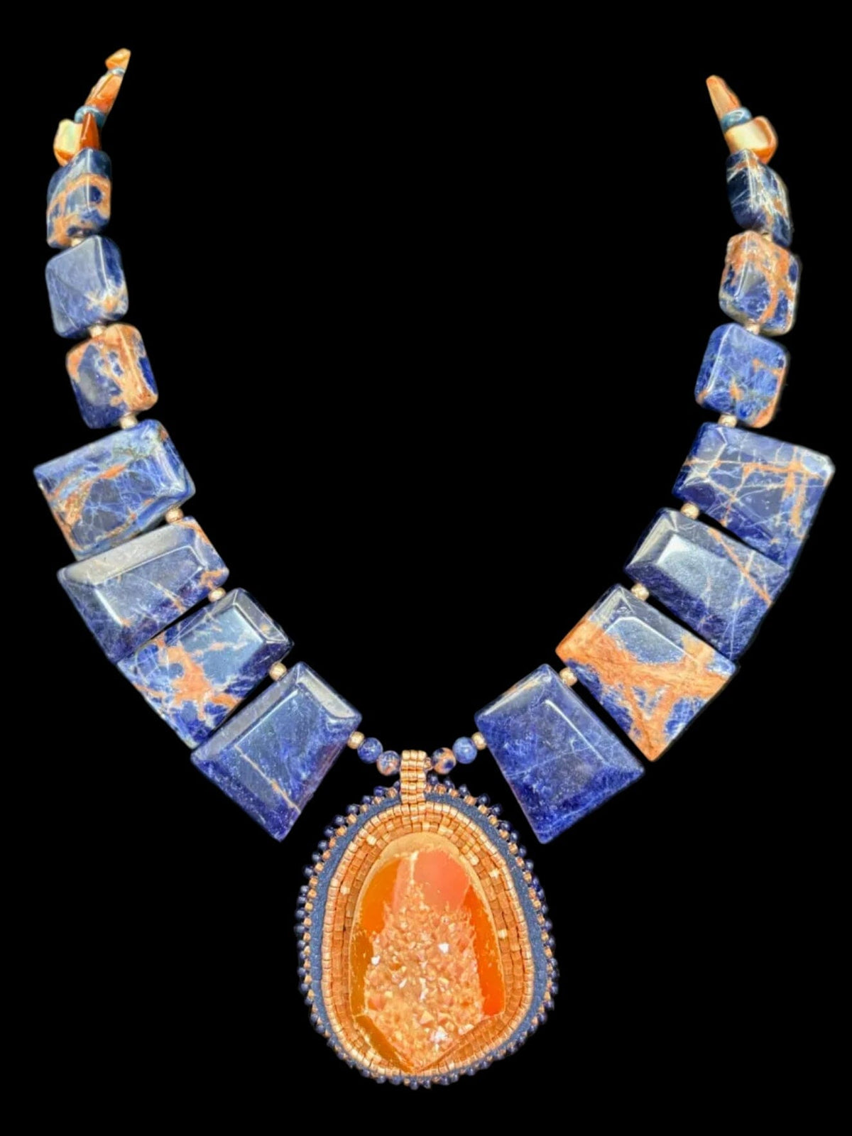 Beaded Orange Druzy/Sodalite Necklace - NSZ242