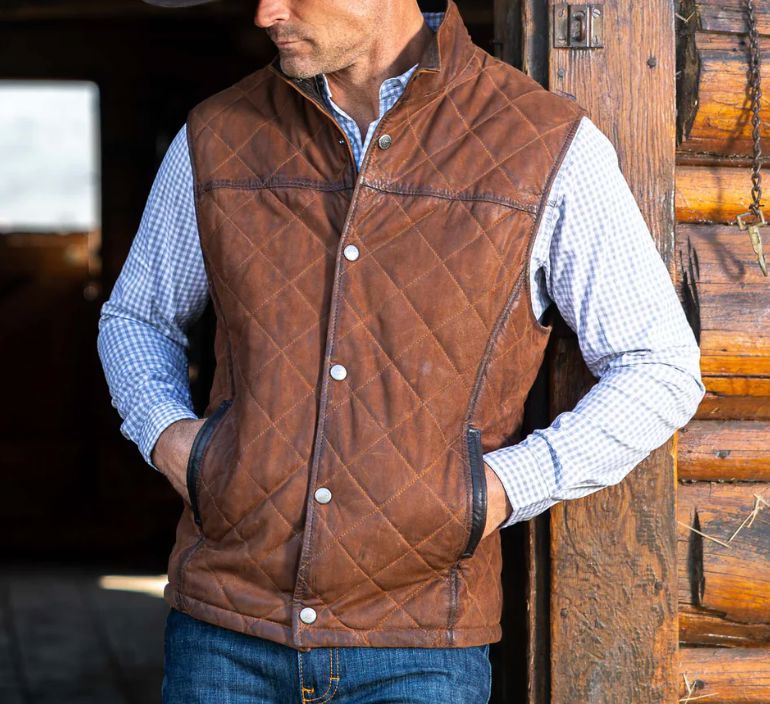 Beaver Creek Men's Leather Vest - Bourbon - Madison Creek - 46BOUR
