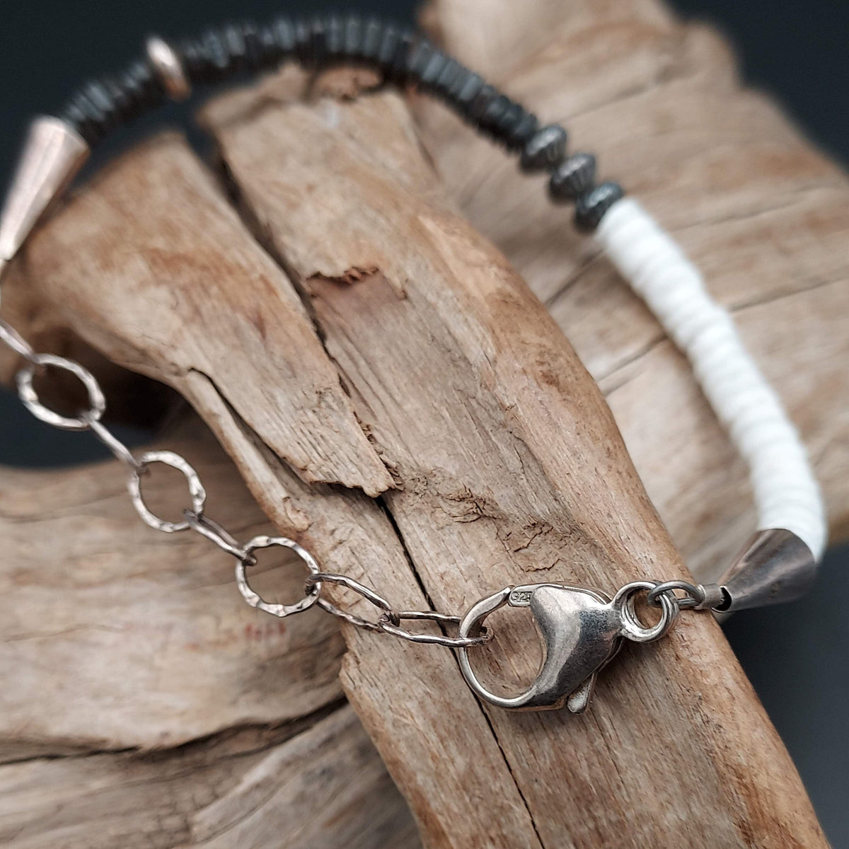 Black &amp; White Heishi Bead Bracelet – Sterling Silver - BR59-C