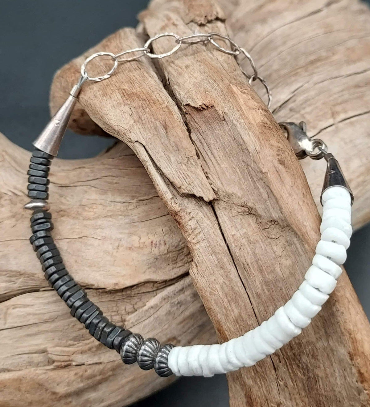 Black &amp; White Heishi Bead Bracelet – Sterling Silver - BR59-C