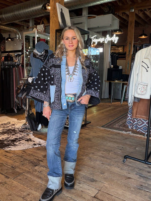 Black Bandana/Denim Kimono Jacket - 5889BK