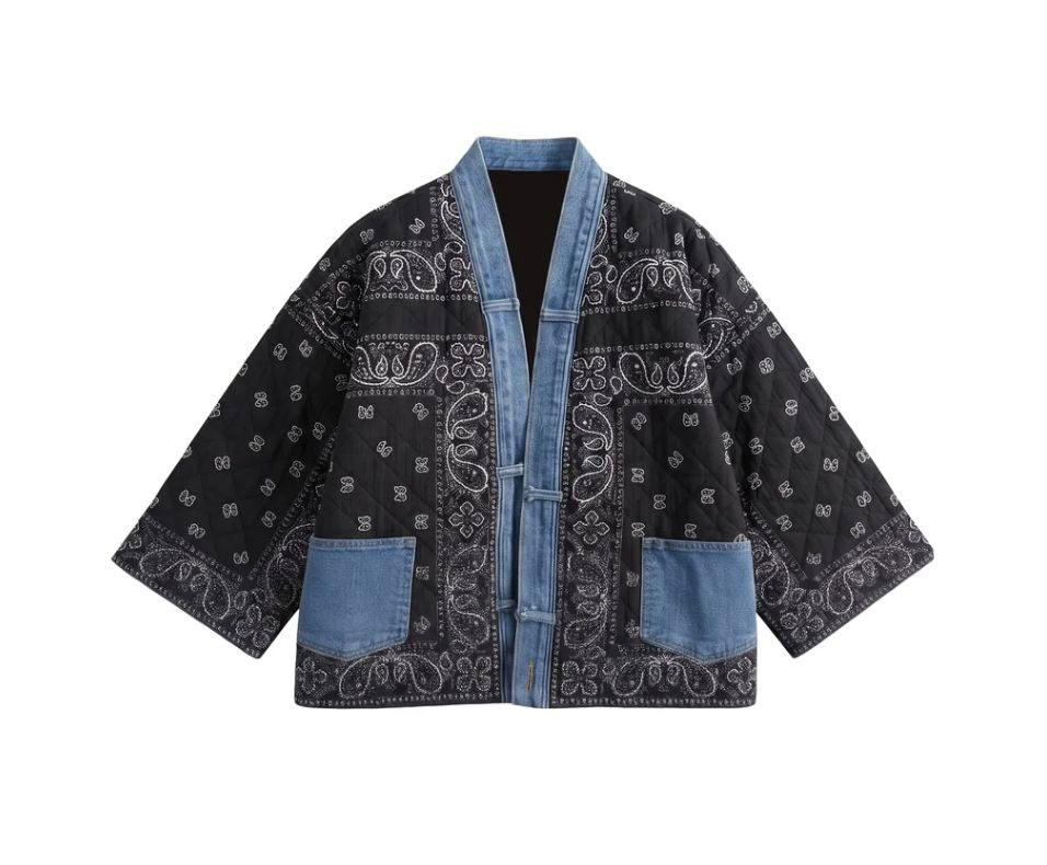 Black Bandana/Denim Kimono Jacket - 5889BK