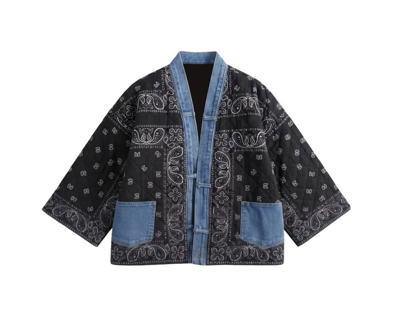 Black Bandana/Denim Kimono Jacket - 5889BK