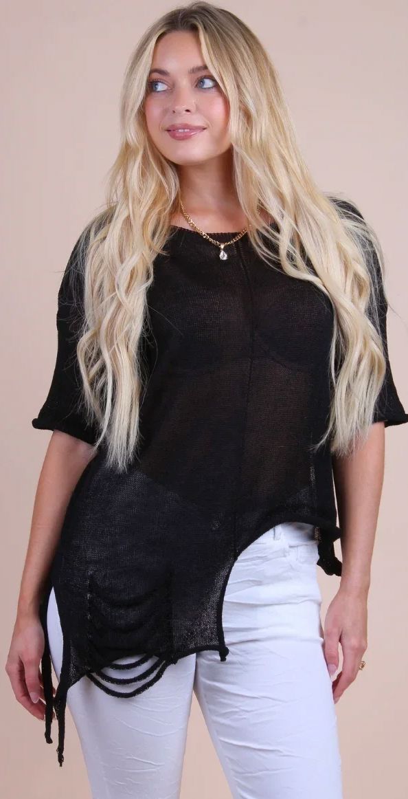 Black Distressed Asymmetrical Top - 13023-BK
