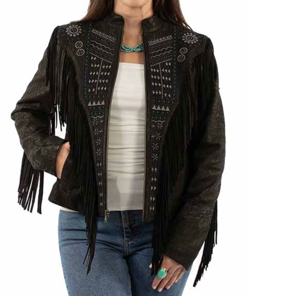 Black Embroidered Leather Jacket - L1175