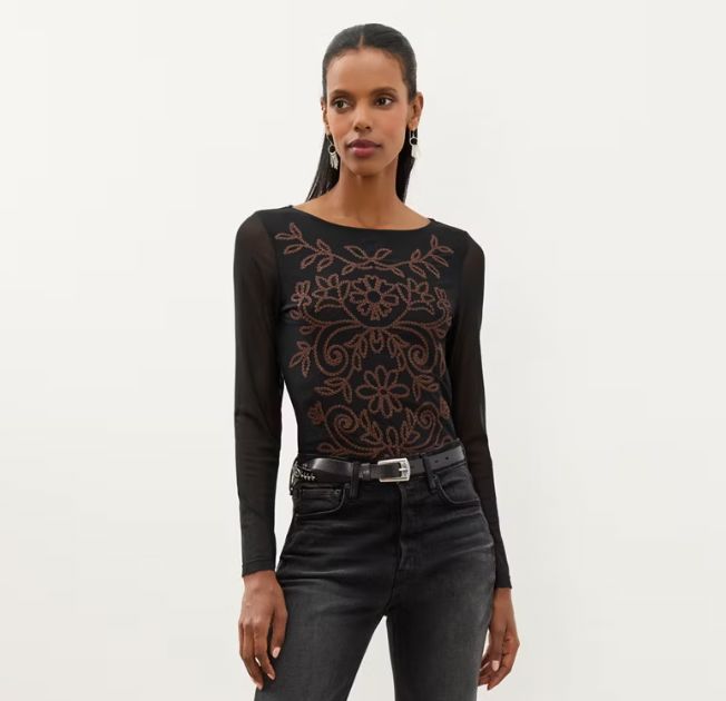 Black Embroidered Mesh Top - 15616
