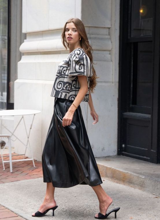 Black Faux Leather Dotty Skirt - EM956
