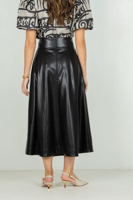Black Faux Leather Dotty Skirt - EM956