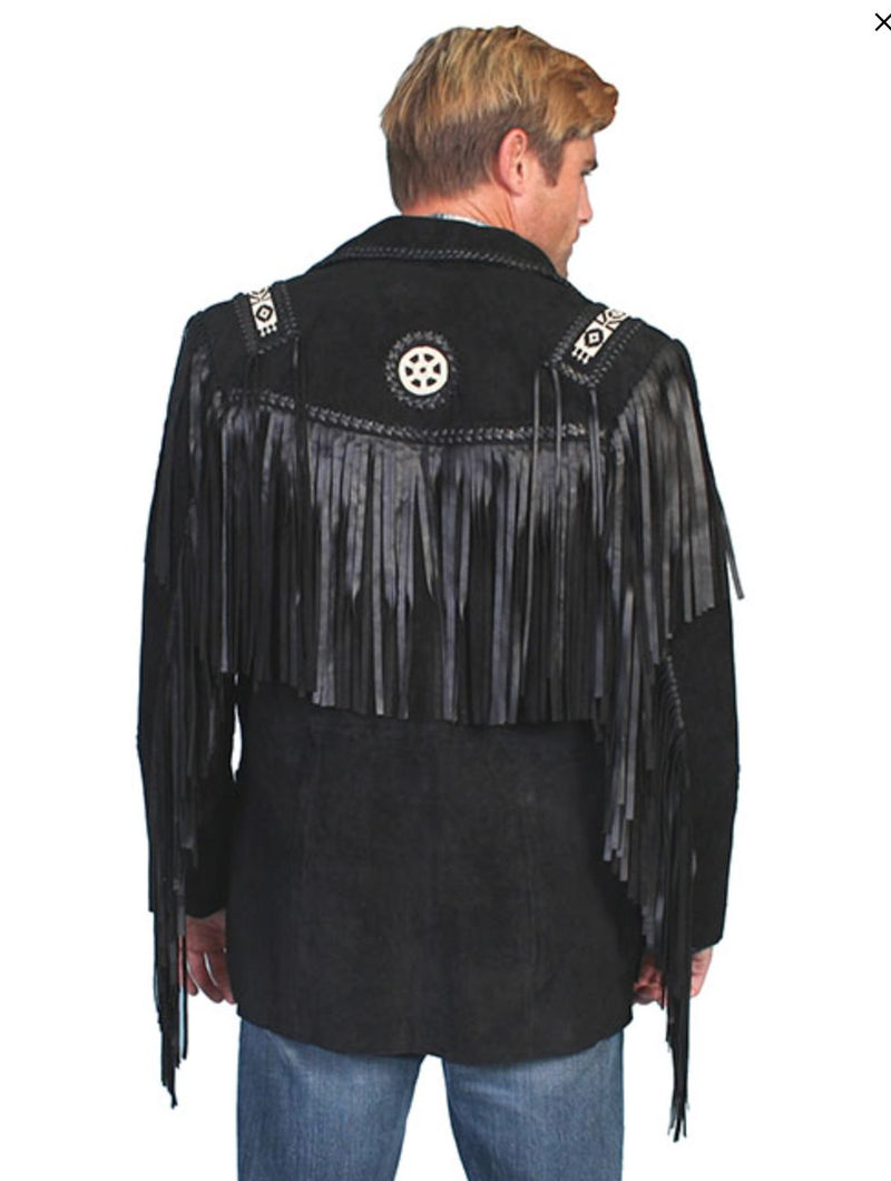Black Leather Fringed Coat - 758BK