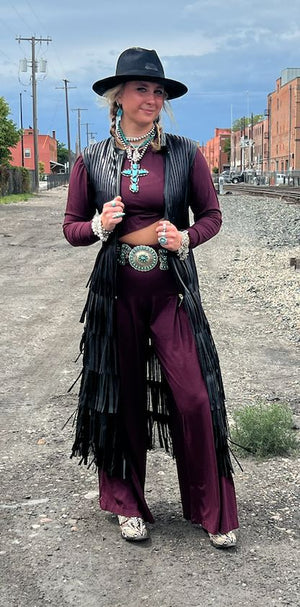 Black Leather/Mesh Layers Of Fringe Vest - VDW1